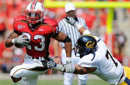 Maryland running back Da’Rel Scott in happier times, running against Cal in a 2008 win. (AP Photo/Nick Wass)